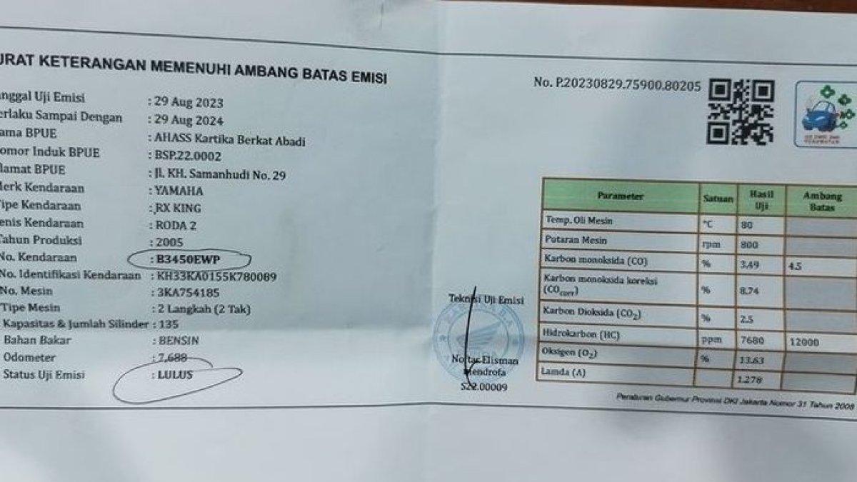 Hasil uji emisi wajib dicantumkan saat perpanjang pajak kendaraan bukan cuma KTP, STNK dan BPKB.