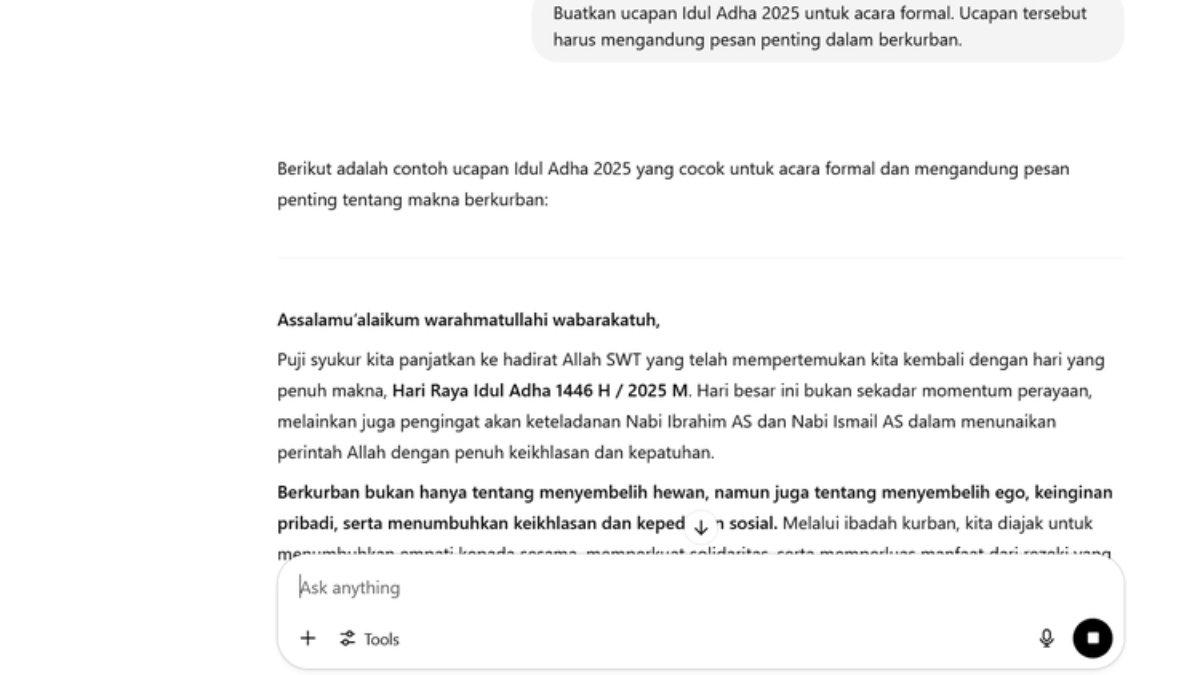 CHAT GPT - Ilustrasi cara membuat ucapan selamat Idul Adha 2025 otomatis via ChatGPT.