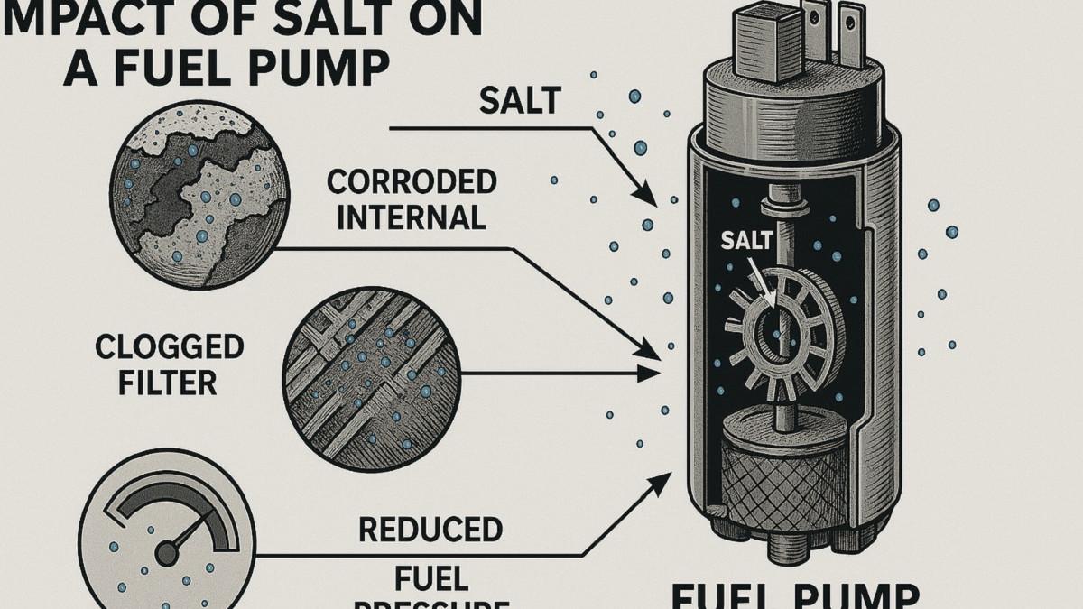 GARAM DI TANGKI BENSIN - Ilustrasi dampak kontaminasi garam di tangki bensin kendaraan, dibuat dengan Copilot