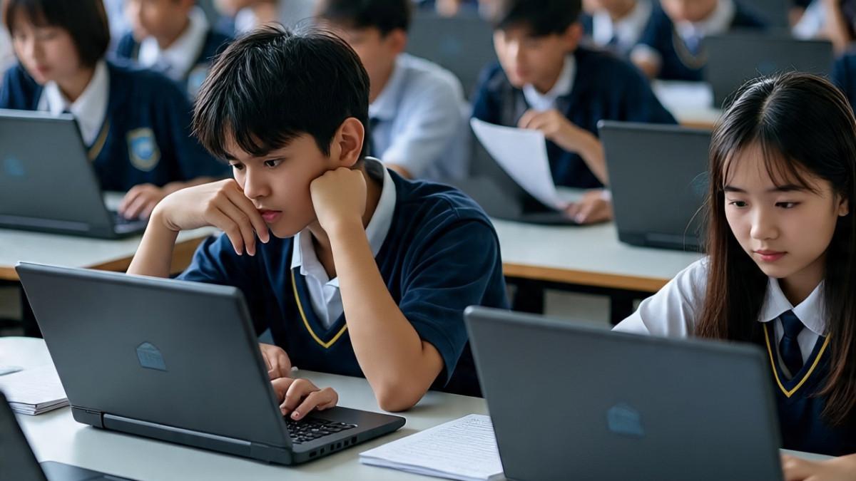 FOTO ILUSTRASI - Ilustrasi siswa SMA sedang mengoperasikan Chromebook. Foto adalah kreasi dari WhatsApp AI.