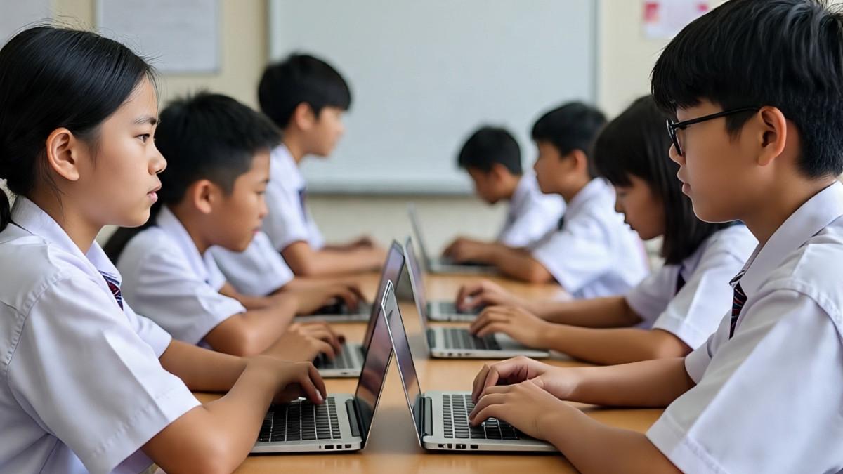 FOTO ILUSTRASI - Ilustrasi siswa SMP sedang mengoperasikan Chromebook. Foto adalah kreasi dari WhatsApp AI.