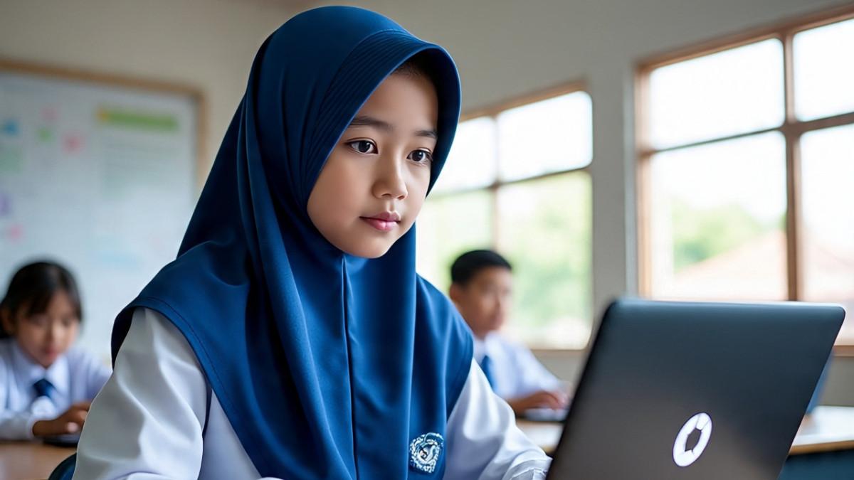FOTO ILUSTRASI - Ilustrasi siswa muslim sedang mengoperasikan Chromebook. Foto adalah kreasi dari WhatsApp AI.