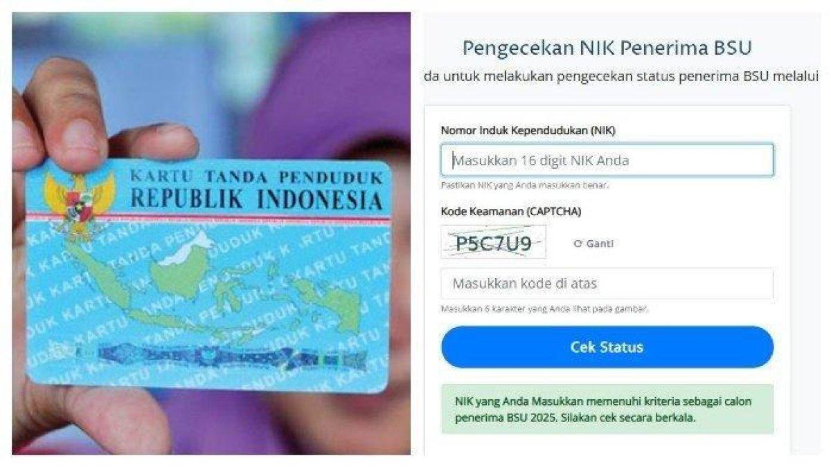 NIK PENERIMA BSU - Ilustrasi tentang ciri-ciri NIK KTP penerima BSU Rp 600 ribu (kiri) dan tampilan hasil pencarian penerima BSU 2025 berdasarkan NIK KTP di laman bsu.kemnaker.go.id, Jumat (27/6/2025) (kanan). Inilah ciri-ciri NIK KTP penerima BSU sebesar Rp 600 ribu. Segera cek di bsu.kemnaker.go.id.