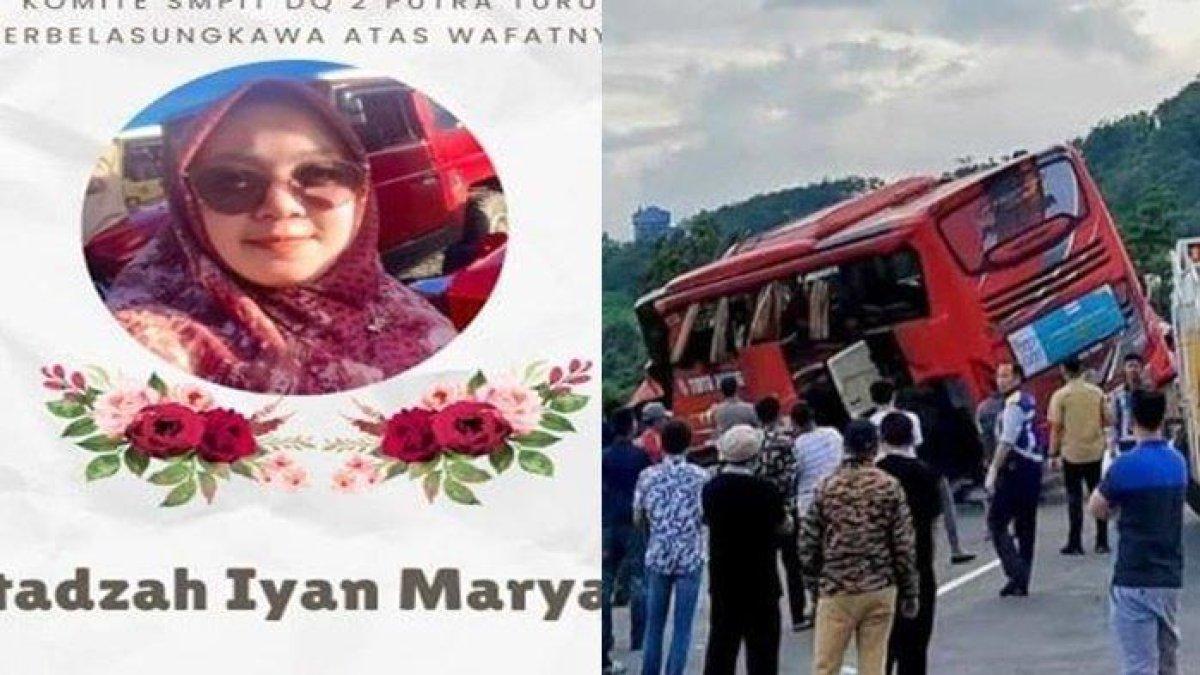 (kiri) Iyan Maryanah, guru sekaligus perawat klinik SMP IT Darul Quran Mulia Gunung Putri yang tewas dalam kecelakaan di tol Malang. Alkoni (31) suami dan dua anak Iyan Maryanah, yang ikut dalam bus tersebut dikabarkan koma di rumah sakit, sang istri tewas dalam kecelakaan di tol