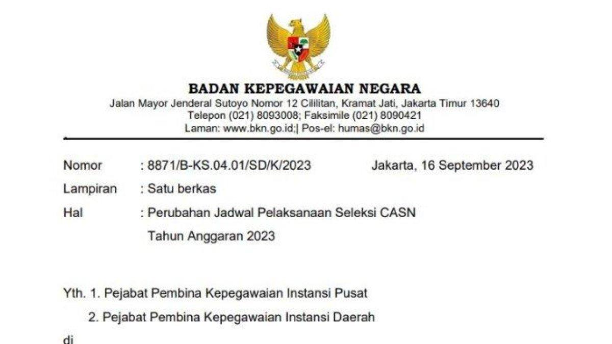Jadwal terbaru seleksi CPNS dan PPPK Tahun 2023 tercantum dalam surat yang dirilis BKN dengan Nomor 8871/B-KS.04.01/SD/K/2023 tentang Perubahan Jadwal Pelaksanaan Seleksi CASN Tahun Anggaran 2023, ini link downloadnya.