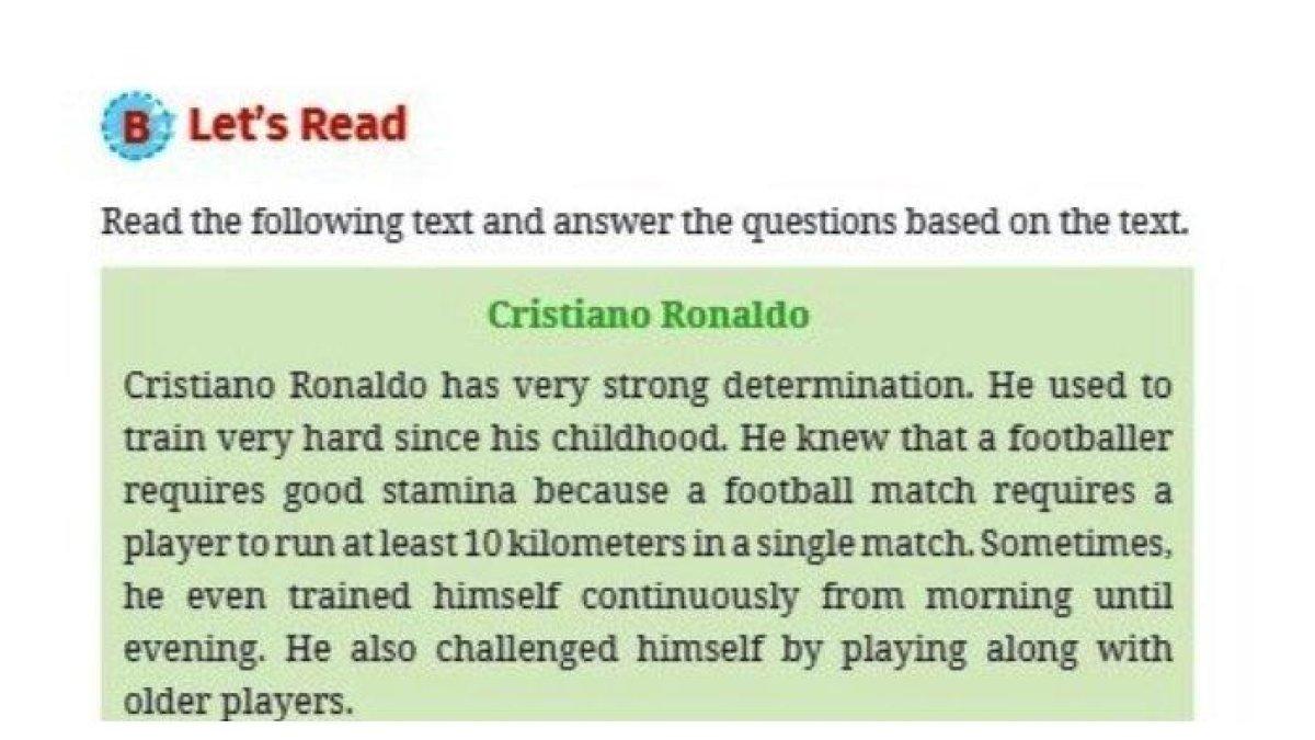 Jawaban dari soal Bahasa Inggris Kelas 10 halaman 12 Kurikulum Merdeka yang di dalamnya terdapat teks terkait Great Athletes Cristiano Ronaldo.