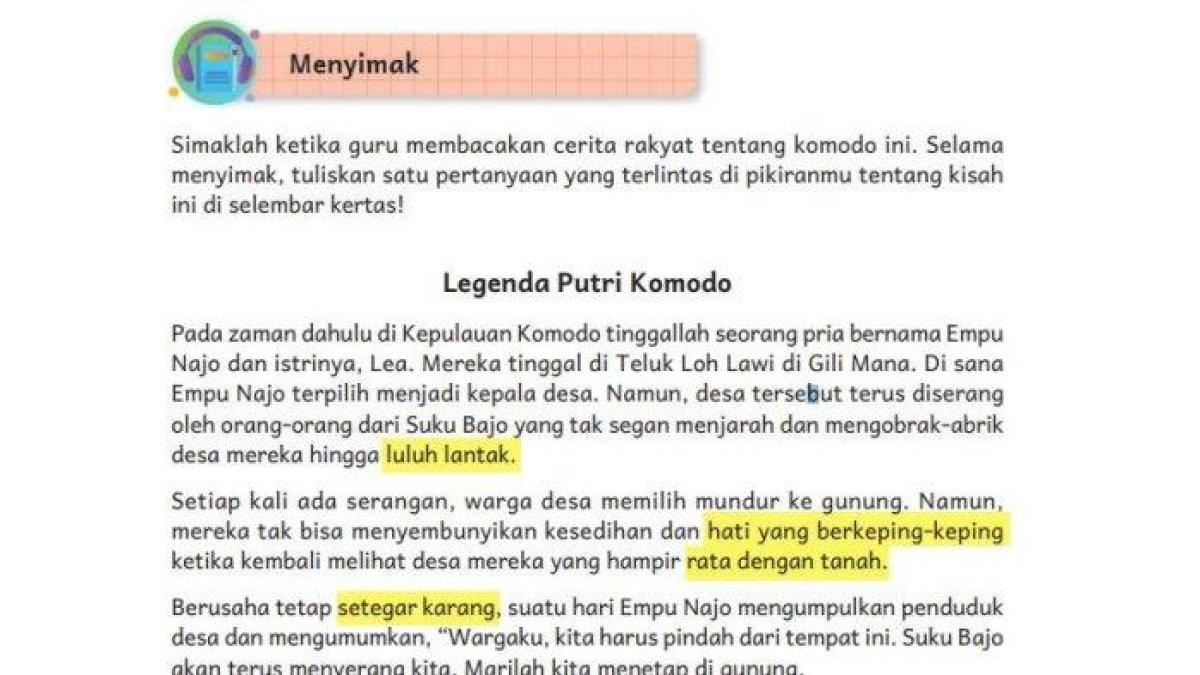 Jawaban soal Bahasa Indonesia Kelas 6 halaman 60 Kurikulum Merdeka, teks yang berjudul 'Legenda Putri Komodo'
