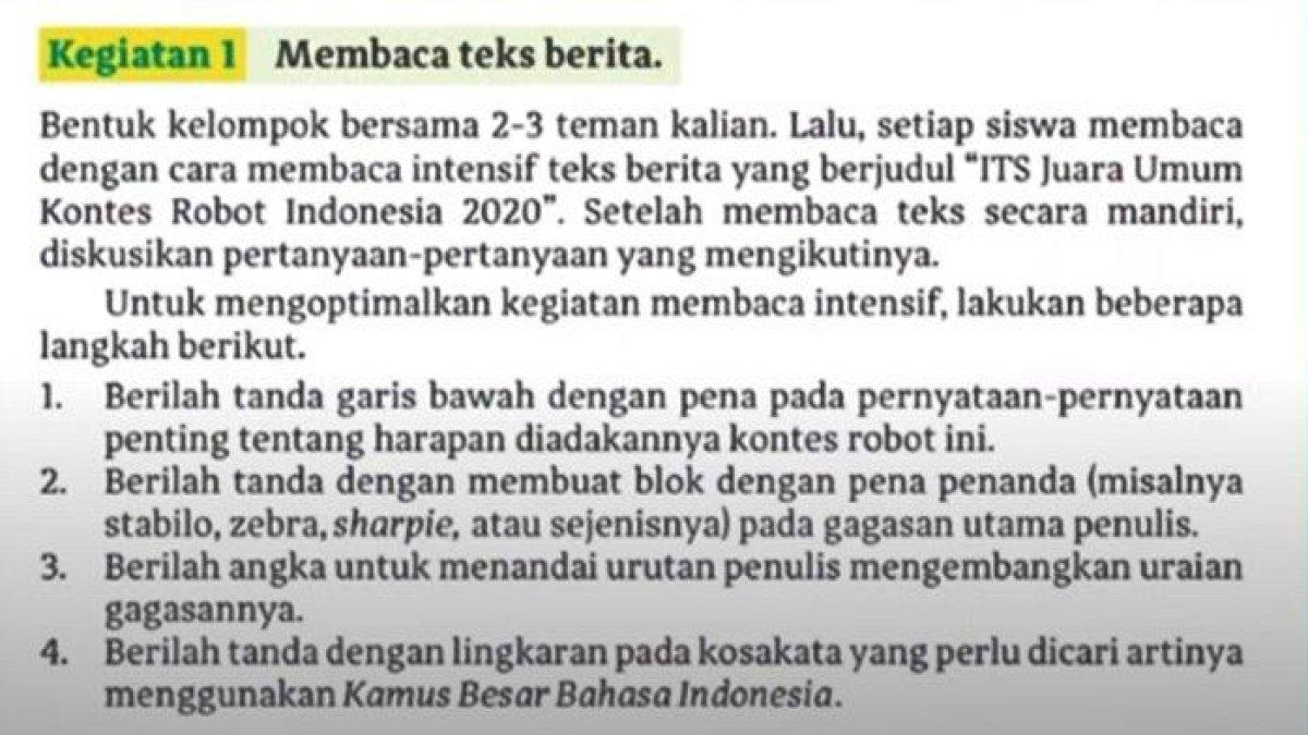 Jawaban soal Bahasa Indonesia Kelas 11 halaman 34 Kurikulum Merdeka, teks berita berjudul 'ITS Juara Umum kontes Robot Indonesia 2020'.