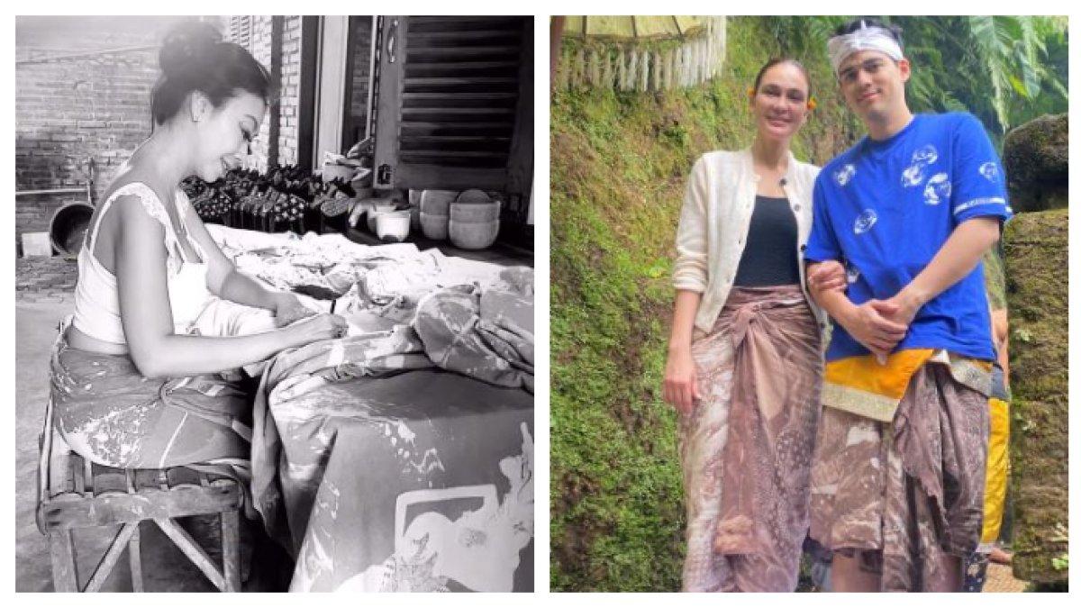 KAIN LUNA MAYA - Luna Maya dan Maxime Bouttier mengenakan kain batik berwarna cokelat pupus untuk melukat, ternyata buatan Asri Welas, ini makna hingga proses buatnya.