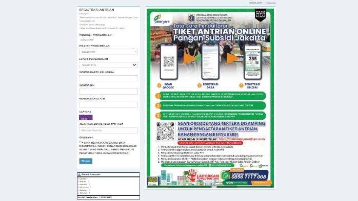 KJP JUNI 2025 - Tampilan laman antriankjp.pasarjaya.co.id. KJP Juni kapan cair? cek info terkini dan cara daftar sembako/pangan online 2025 di link antriankjp.pasarjaya.co.id.