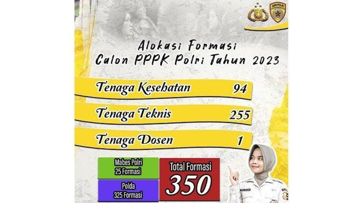 Kepolisian Negara Republik Indonesia atau Polri membuka seleksi PPPK tahun 2023. Total ada 350 formasi PPPK Polri 2023 yang akan ditempatkan Mabes Polri (25 formasi) dan Polda (325 formasi).