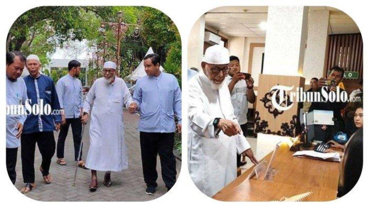 Kolase foto Pendiri Pesantren Al Mukmin Abu Bakar Ba'asyir menyampaikan surat ke Bagian Umum Setda Kota Solo, Senin (20/11/2023). Pendiri Pesantren Al Mukmin Ngruki, Sukoharjo, Abu Bakar Ba'asyir menyurati tiga capres, yakni Anies, Prabowo dan Ganjar. Kepada para capres yang berkontestasi di Pilpres 2024 mendatang, Abu Bakar Ba'asyir minta syariat islam diterapkan jika terpilih.