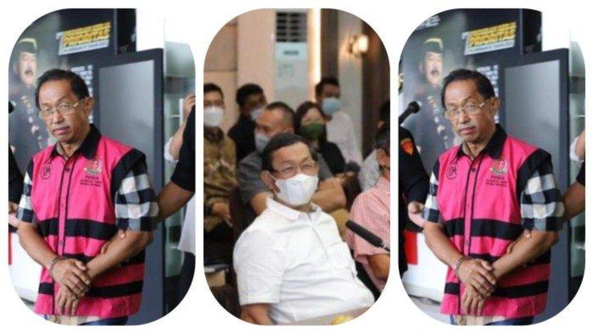 Kolase foto Thamron alias Aon menggunakan rompi merah muda berlabel Pidsus Kejagung RI ketika ditetapkan sebagai tersangka korupsi tata niaga komoditas timah oleh penyidik dari Jampidsus Kejagung dan Thamron alias Aon (kaus putih). Brankas miliknya disita.