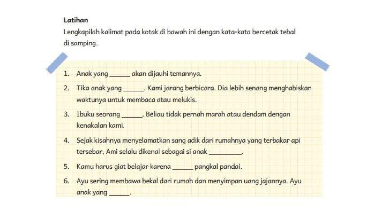 Kunci jawaban Bahasa Indonesia Kelas 5 halaman 17. Terdapat soal untuk melengkapi kalimat dengan kata yang tersedia pada tugas Latihan. 



Artikel ini telah tayang di Tribunnews.com dengan judul Kunci Jawaban Bahasa Indonesia Kelas 5 Halaman 17, Latihan: Melengkapi Kalimat, https://www.tribunnews.com/pendidikan/2023/08/21/kunci-jawaban-bahasa-indonesia-kelas-5-halaman-17-latihan-melengkapi-kalimat?page=2.
Penulis: Enggar Kusuma Wardani
Editor: Nanda Lusiana Saputri
