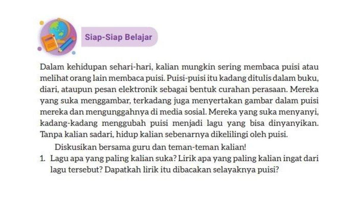 Kunci jawaban Bahasa Indonesia Kelas 8 halaman 138 Kurikulum Merdeka. Siswa diminta menjawab soal seputar Puisi pada tugas Siap-Siap Belajar