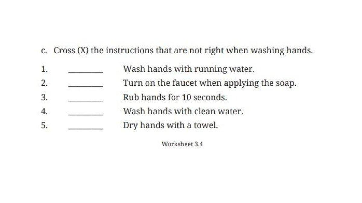 Buku Bahasa Inggris Kelas 8 Kurikulum Merdeka
Kunci jawaban Bahasa Inggris kelas 8 halaman 139 Kurikulum Merdeka. Terdapat soal untuk memberi tanda X pada pernyataan yang salah terkait cuci tangan pada tugas Worksheet 3.4