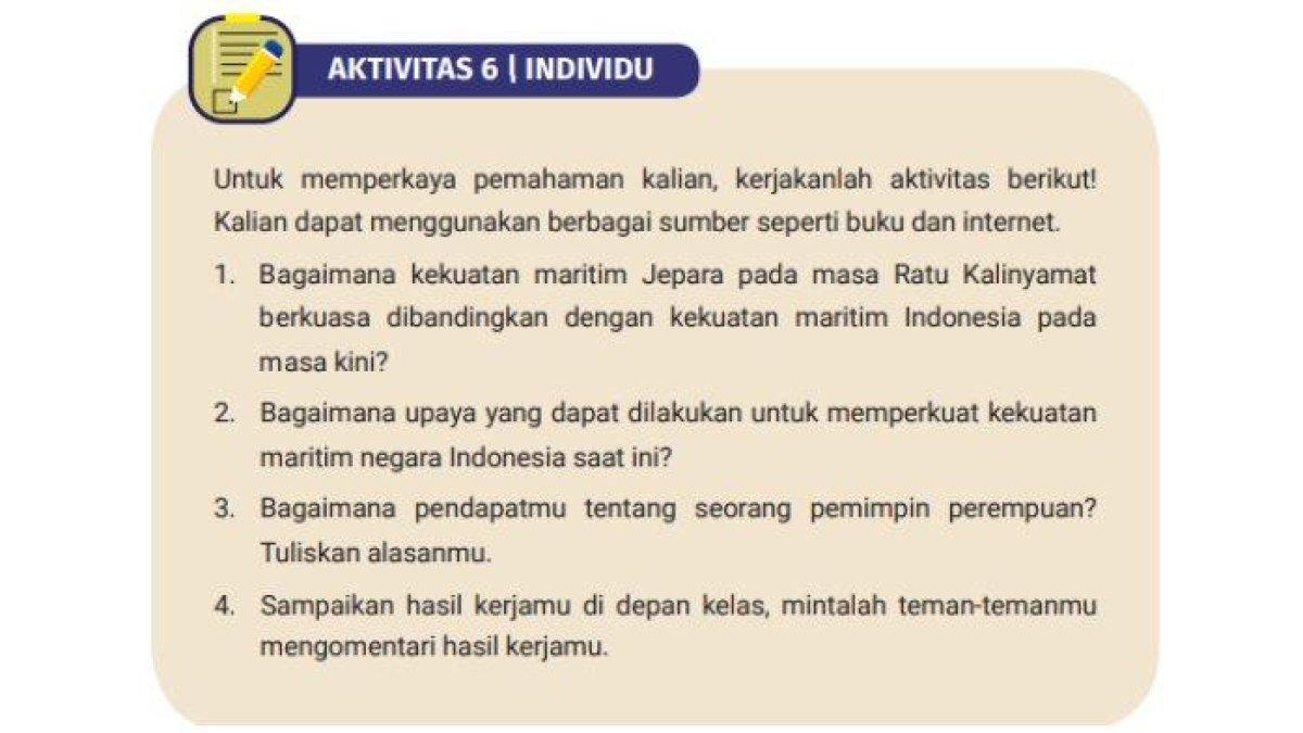 Kunci jawaban IPS kelas 7 halaman 184 Kurikulum Merdeka Edisi Revisi, Aktivitas 6: Bagaimana kekuatan maritim Jepara pada masa Ratu Kalinyamat berkuasa dibandingkan dengan kekuatan maritim Indonesia pada masa kini?