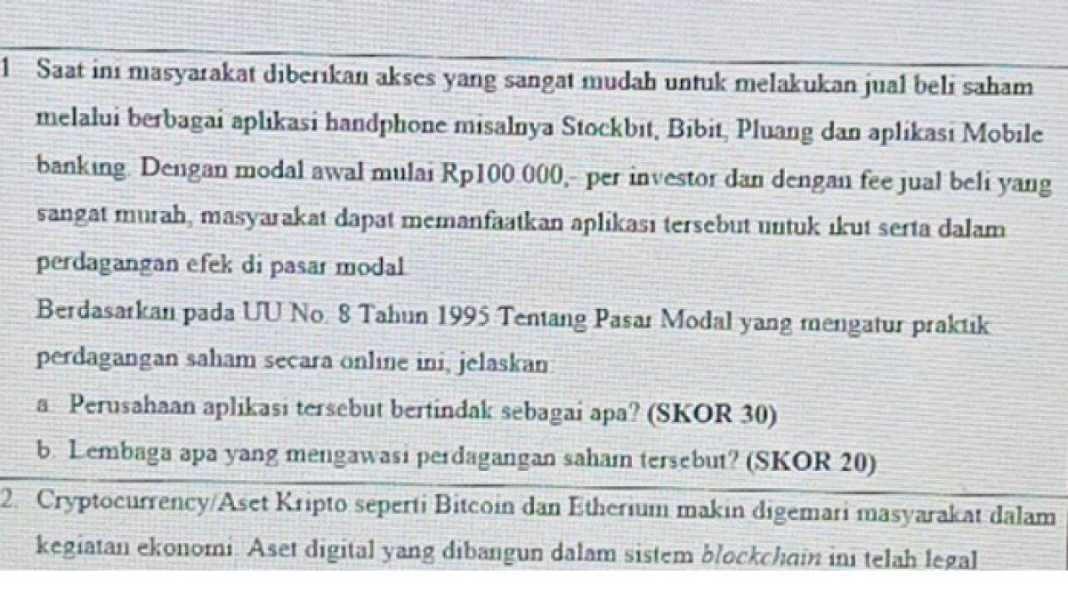 Kunci jawaban dari soal 'Perusahaan aplikasi perdagangan saham tersebut bertindak sebagai apa?' dan 'Lembaga apa yang mengawasi perdagangan saham tersebut?' jika berdasarkan UU No.8 Tahun 1995'