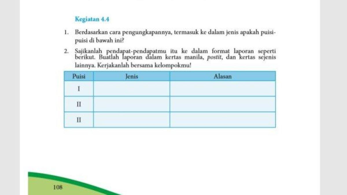 Kunci jawaban bahasa indonesia kelas 8 halaman 108 semester 2 tentang jenis puisi.
