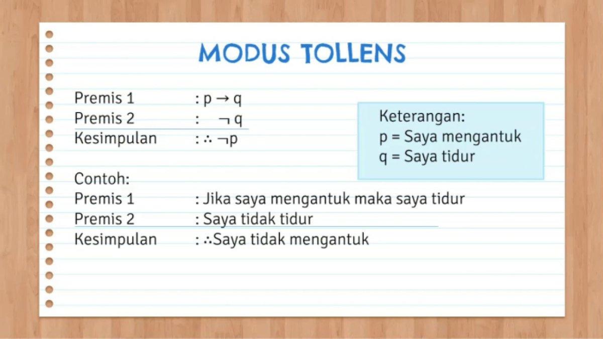 Kunci jawaban dari soal 'Jelaskan dan buatkan modus ponendo ponen dan modus tolendo tolen dari silogisme ekuivalen dengan tema rekreasi!'