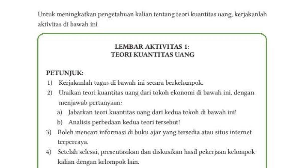Soal halaman : 117, Lembar Aktivitas 1: Teori Kuantitas Uang