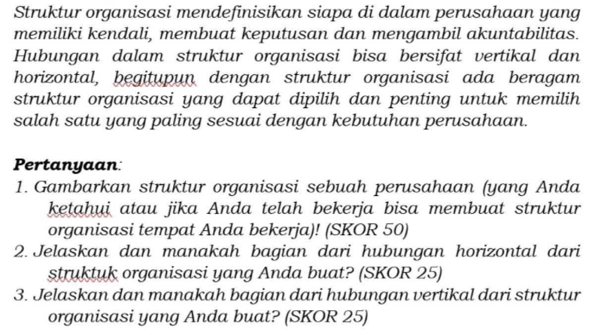 Kunci jawaban dari soal 'Jelaskan manakah bagian dari hubungan horizontal struktur organisasi yang Anda buat?'
