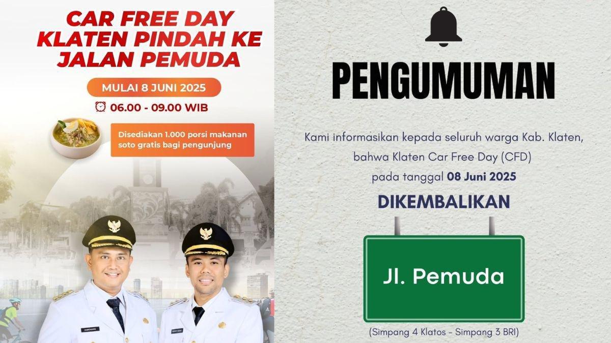CFD KLATEN - Pemkab Klaten menggelar Car Free Day di Jalan Pemuda pada Minggu 8 Juni 
2025. Sumber Instagram resmi Prokopim Setda Kabupaten Klaten @humaskabklaten dan @dishubklaten