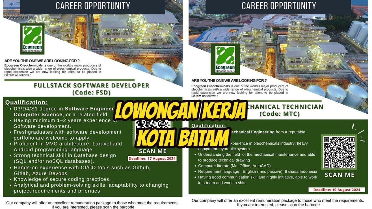 Lowongan kerja di Kota Batam Agustus 2024.
