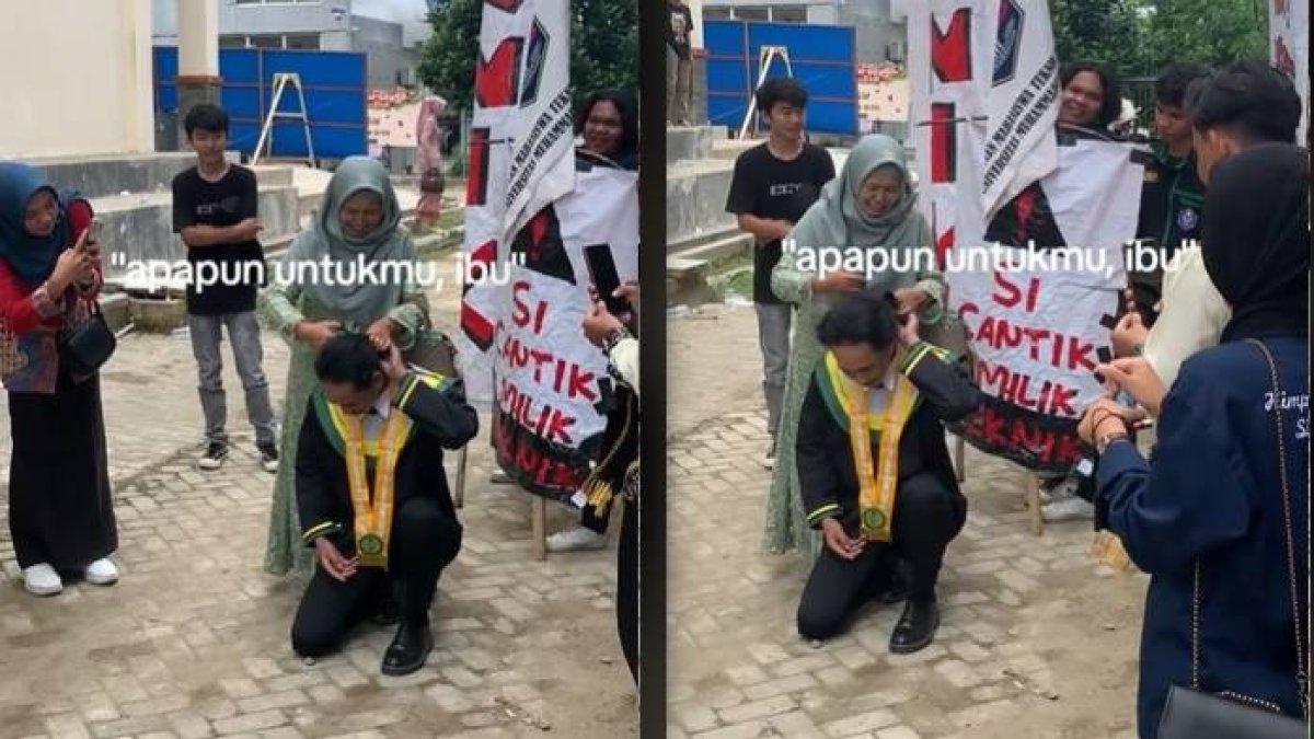 Mahasiswa yang meminta Ibunya memotong rambut gondrongnya saat wisuda