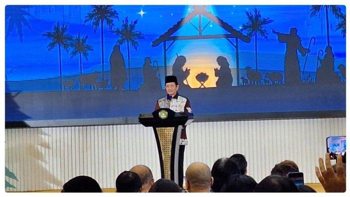 Menteri Agama Nasaruddin Umar dalam Seminar Natal Nasional 2024 di Auditorium Rasjidi, Kementerian Agama, Jakarta, Kamis (19/12/2024).
