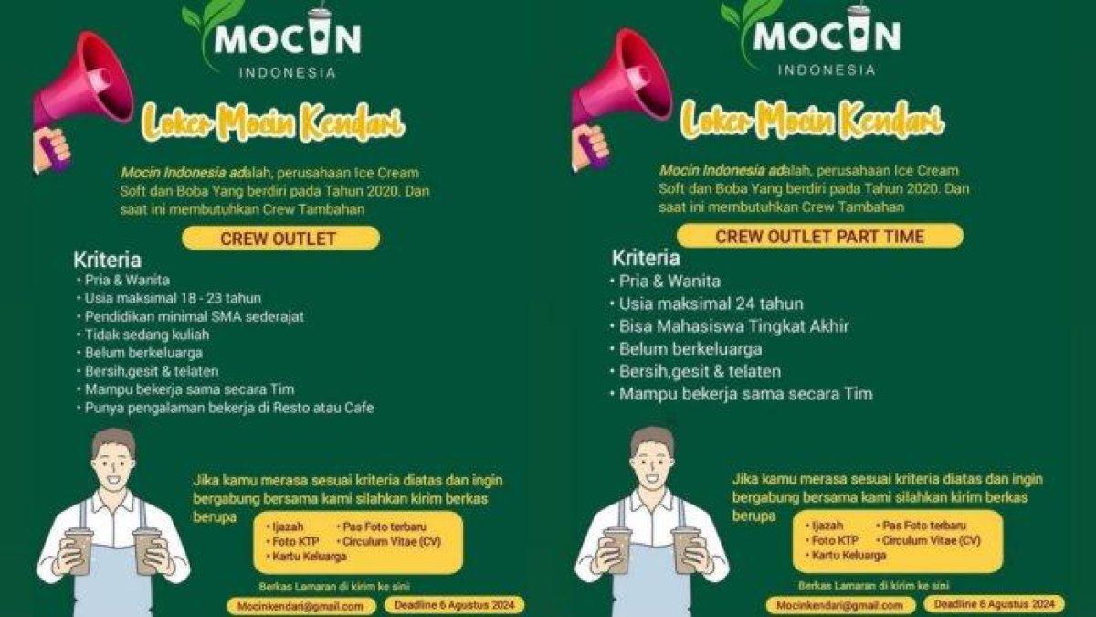 Mocin Indonesia saat ini membutuhkan sumber daya manusia bertalenta untuk mengisi posisi Crew Outlet dan Crew Outlet Part Time.