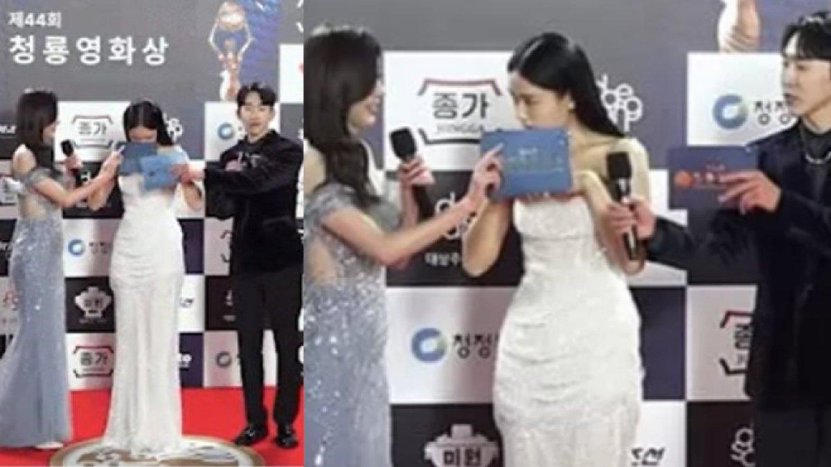 Momen gaun Ahn Eun Jin melorot saat melenggang di red carpet sebuah ajang penghargaan