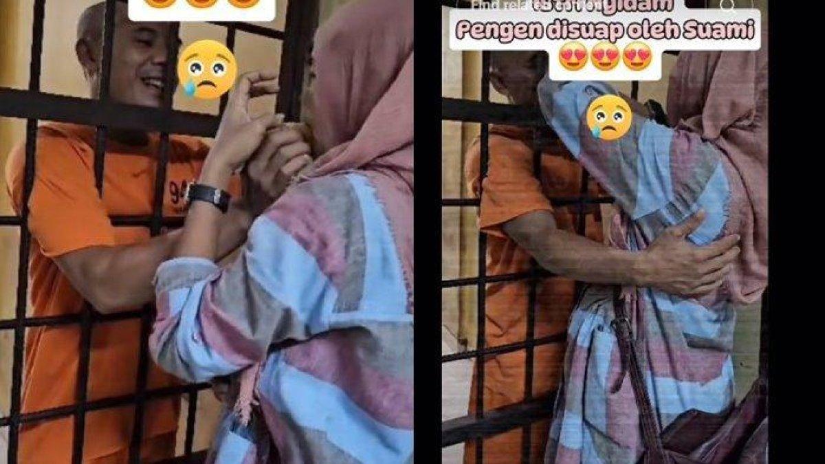 viral rekaman video momen haru pertemuan istri dan suaminya yang tengah di penjara. sang istri saat itu tengah hamil ngidam ingin disuapin oleh suami