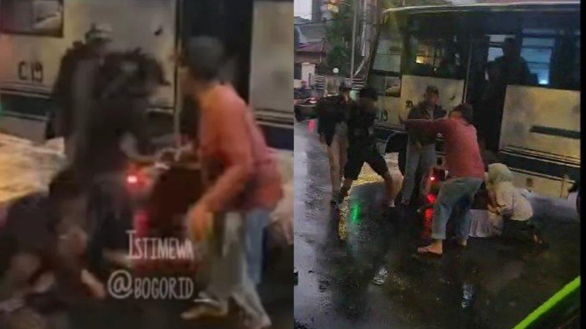 Momen ibu-ibu di Bogor tersungkur saat melerai duel sengit sopir bus vs pengamen