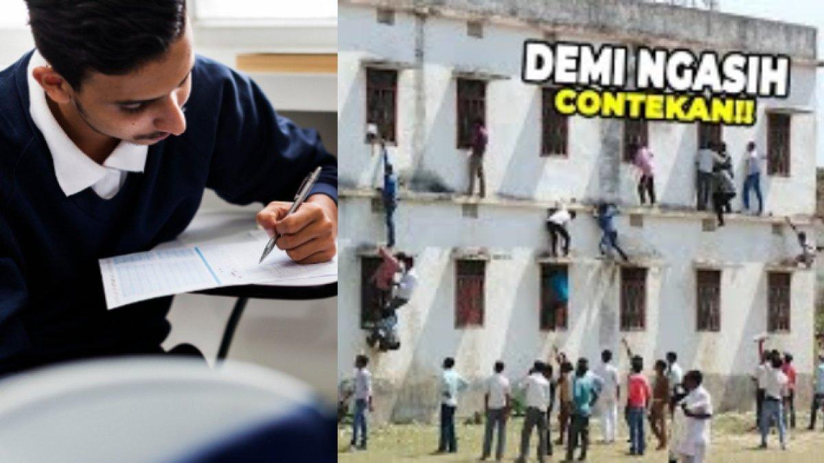 Momen orangtua memanjat dinding sekolah demi memberikan contekan pada anaknya yang sedang ujian sekolah.