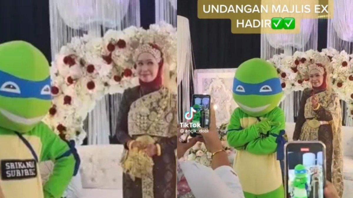 Momen pria diam-diam datang ke pernikahan mantan pacarnya menggunakan kostum badut