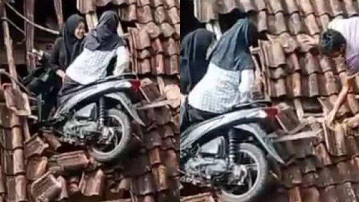 Motor nyungsep ke atap rumah warga
