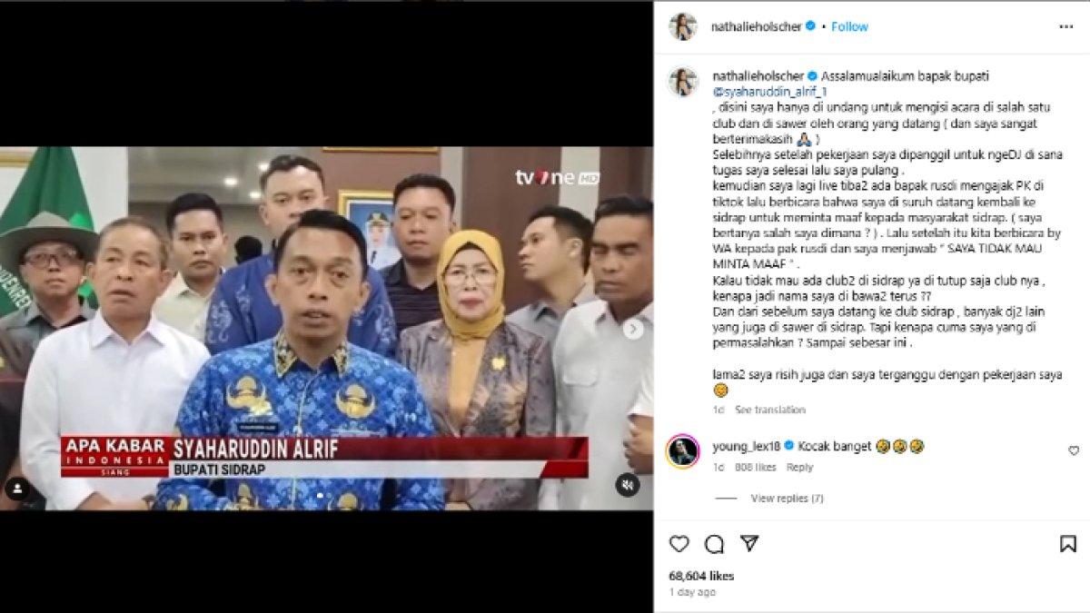 RESPONS NATHALIE HOLSCHER - Potret unggahan Nathalie Holscher diambil dari Instagram pada Minggu (20/4/2025). Nathalie Holscher enggan minta maaf soal saweran.