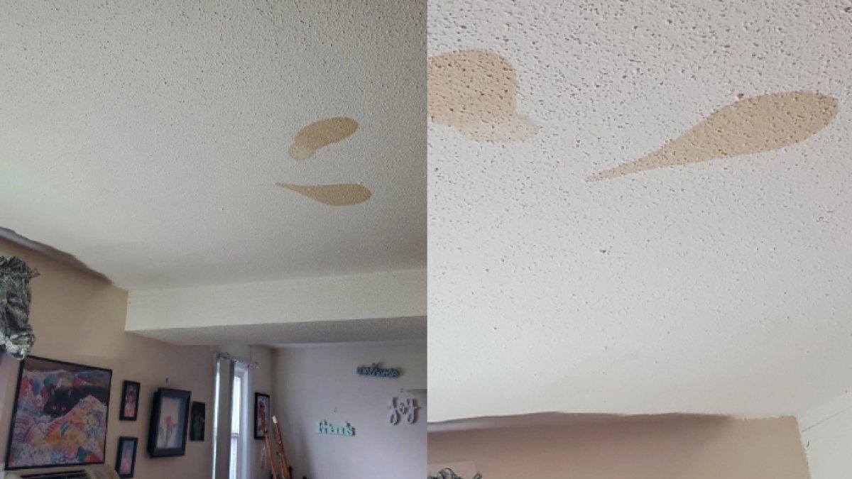 Noda coklat misterius di langit-langit sebuah apartemen.