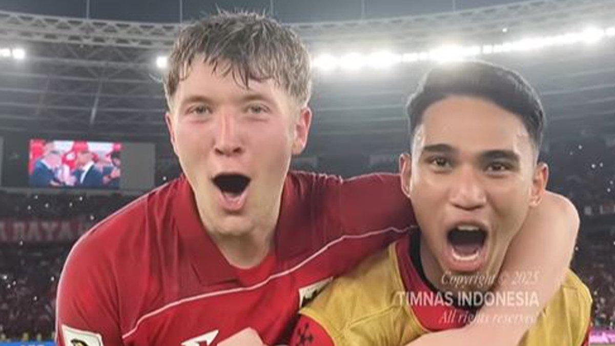 KEMENANGAN TIMNAS INDONESIA - Ole Romeny dan Marselino Ferdinan selebrasi setelah Timnas Indonesia mengalahkan Bahrain pada Kualifikasi Piala Dunia 2026 Zona Asia putaran ketiga, Selasa (25/3/2025).