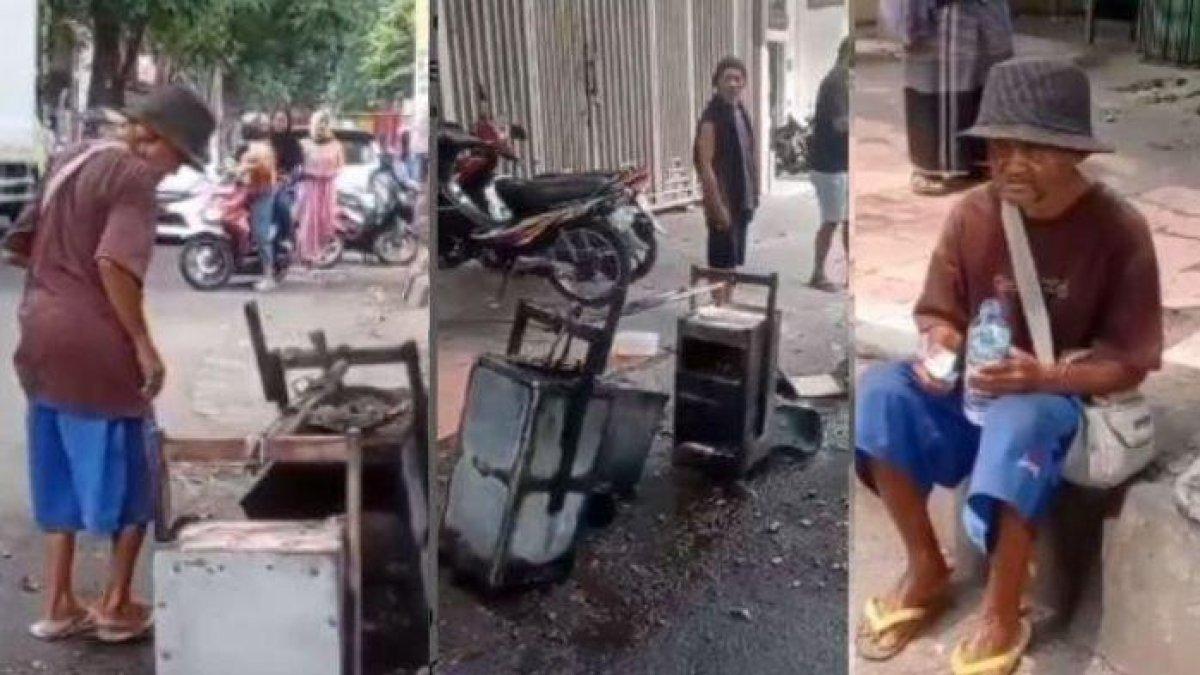 Pedagang cilor di Mojokerto syok gerobaknya terbakar saat salat Jumat