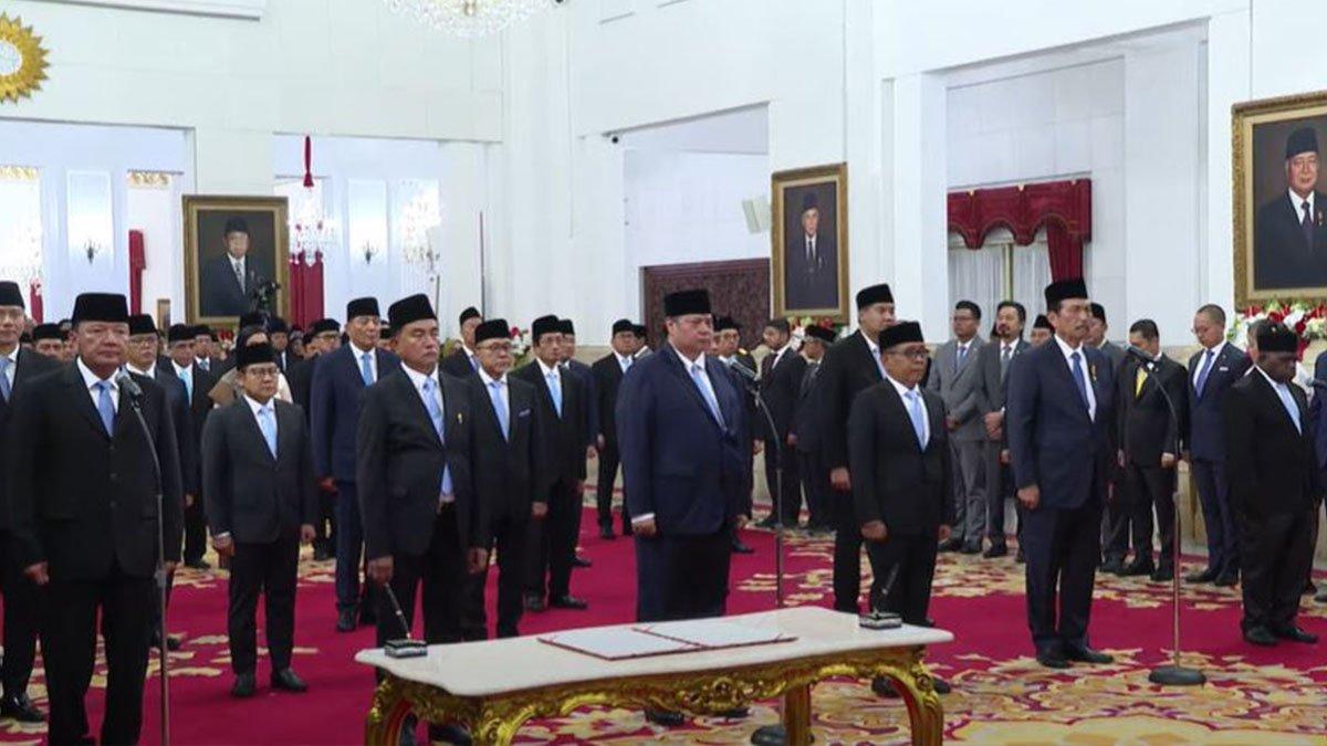 Pelantikan menteri Kabinet Merah Putih di Istana Negara, Senin (21/10/2024).
