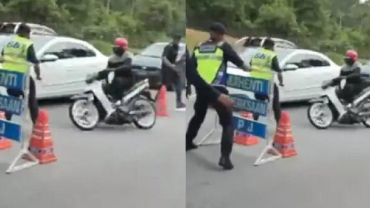 Pemotor ini nekat terabas razia motor dan akhirnya berakhir menabrak petugas, tubuhnya pun langsung terpelanting terbang.