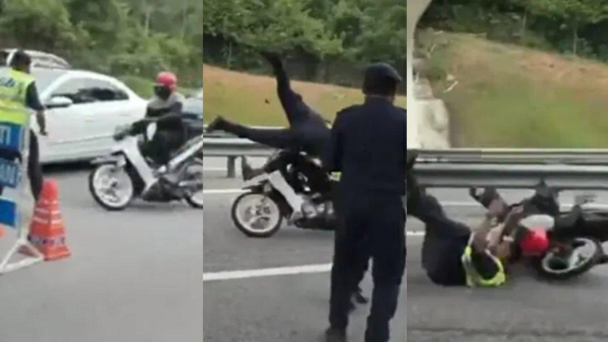 Pemotor ini nekat terabas razia motor dan akhirnya berakhir menabrak petugas, tubuhnya pun langsung terpelanting terbang.
