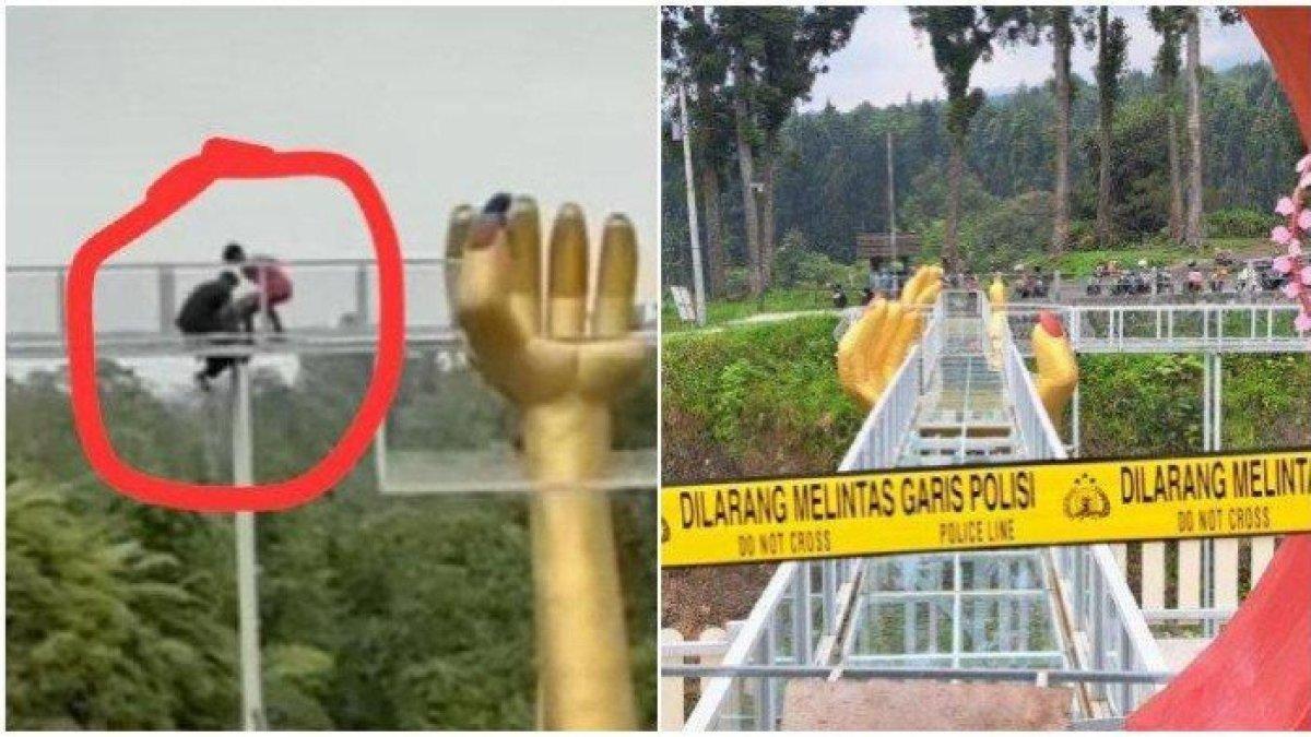 Penampakan detik-detik jembatan kaca setinggi 15 meter di Banyumas, Jawa Tengah pecah.