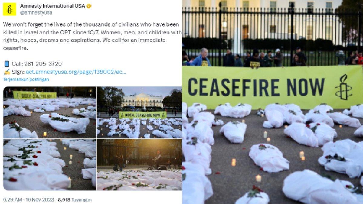Penampakan kantung jenazah menyerupai pocong berjejer rapi di depan Gedung Putih, AS, simbol peduli korban perang di Gaza