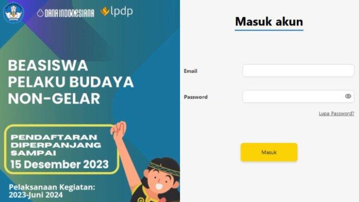 Pendaftaran beasiswa Pelaku Budaya Non-Gelar diperpanjang hingga 15 Desember 2023 untuk periode pendidikan 2023 - Juni 2024.