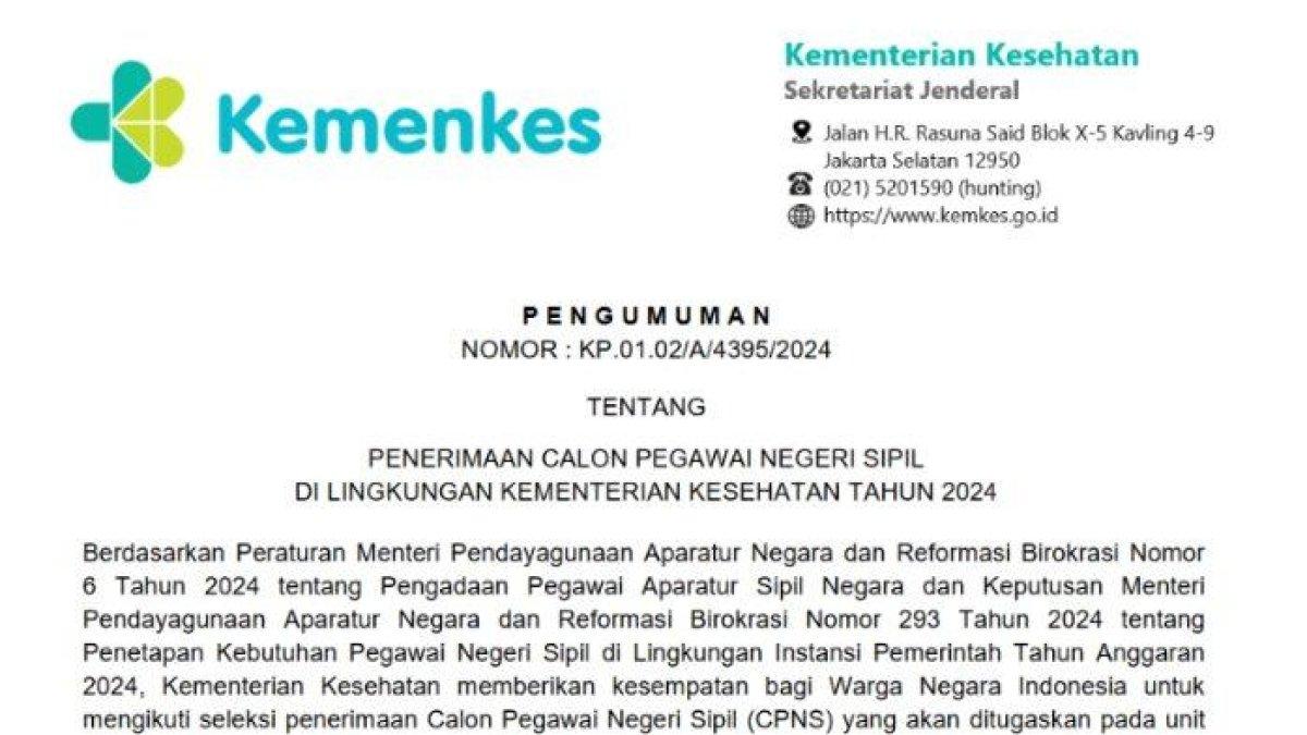 Pengumuman CPNS Kemenkes 2024 - Simak inilah dokumen persyaratan yang harus diunggah untuk daftar Calon Pegawai Negeri Sipil (CPNS) Kementerian Kesehatan (Kemenkes) Tahun 2024.