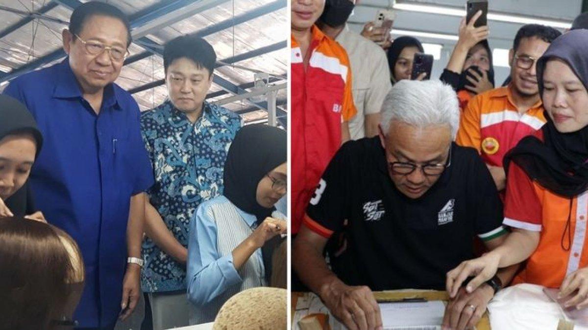 Kolase foto calon Presiden Nomor Urut 3, Ganjar Pranowo dan Majelis Tinggi Partai Demokrat, Susilo Bambang Yudhoyono mengunjungi sejumlah pabrik di Purbalingga, Jawa Tengah, Senin (15/1/2024).