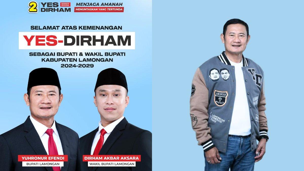 Portret Yuhronur Efendi dan wakil bupati terpilih Pilkada Lamongan 2024.